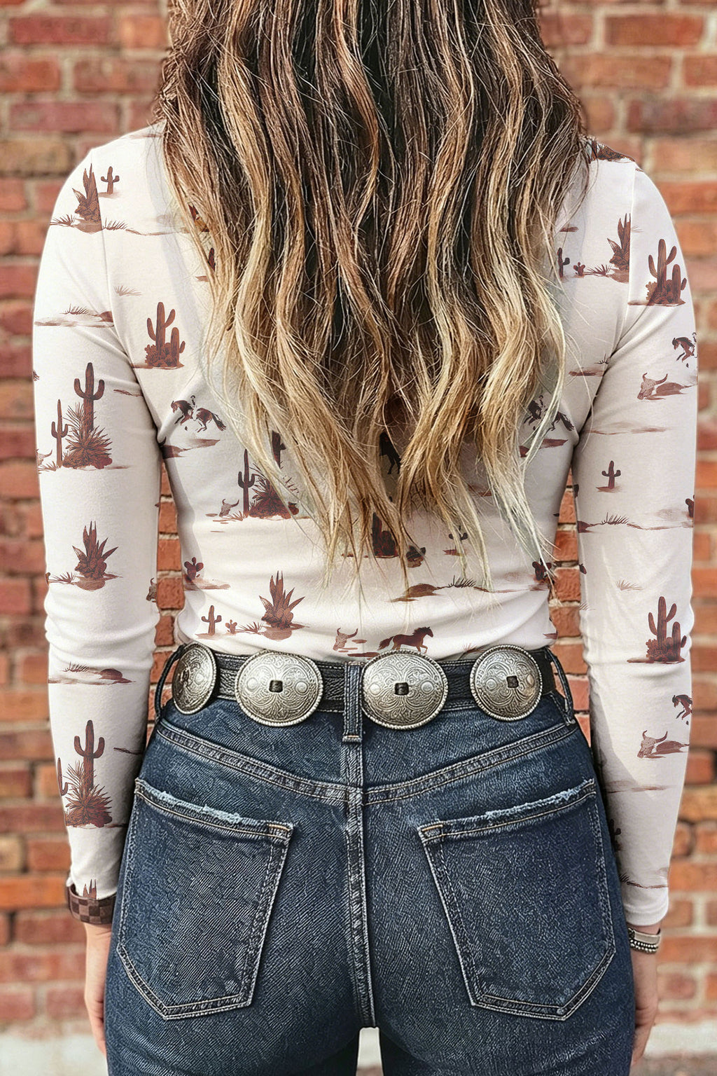 Beige Floral Print Slim Fit Mesh Long Sleeve Mock Neck Top