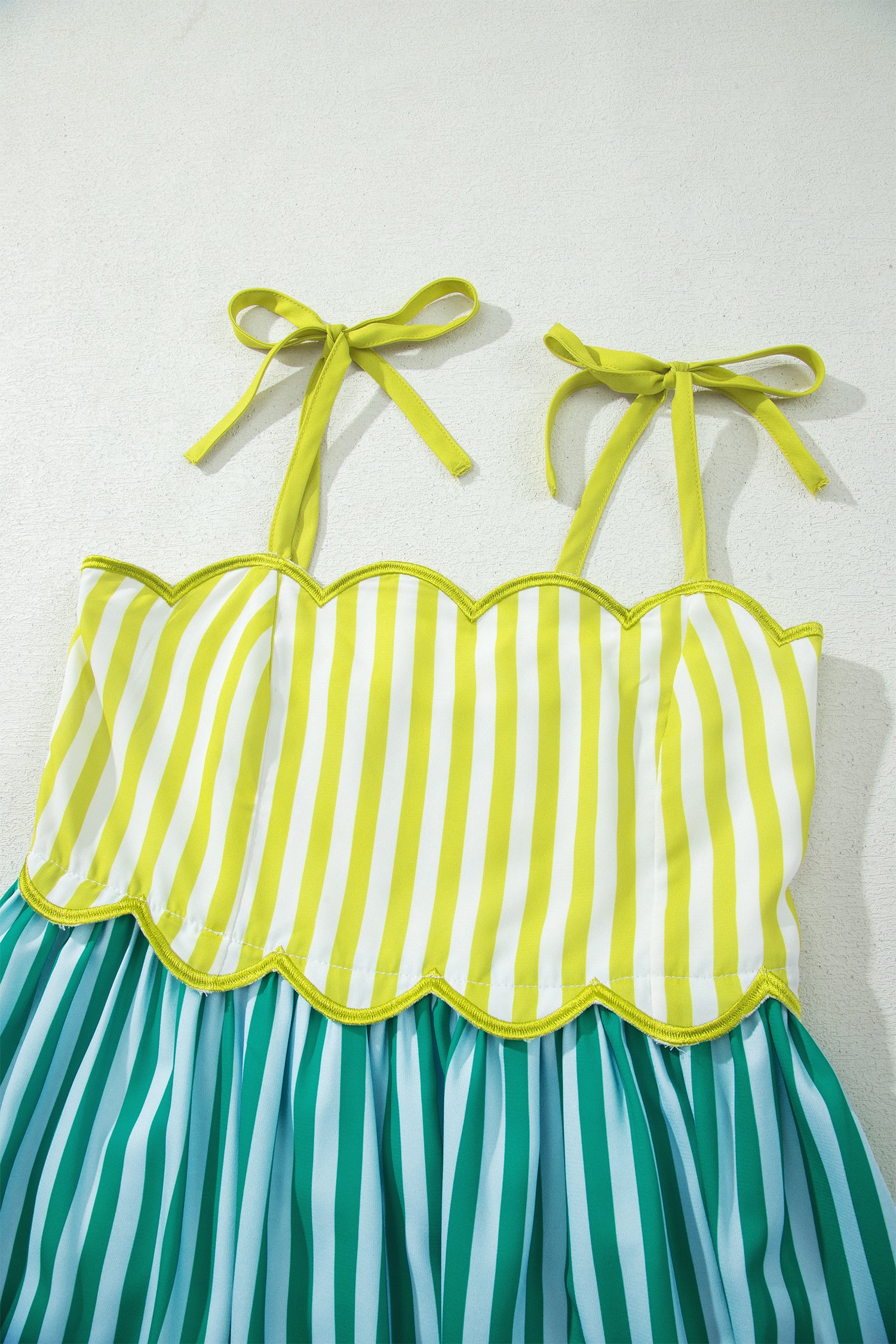 Green Stripe Scalloped Contrast Patchwork Knot Strap Midi Dress