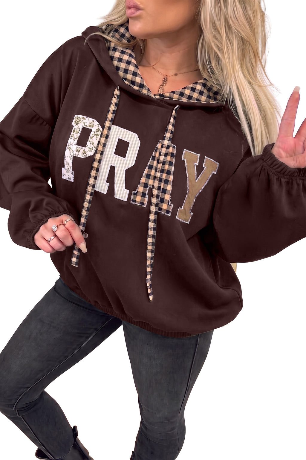 Black PRAY Mix Pattern Letter Graphic Plaid Contrast Drawstring Hoodie