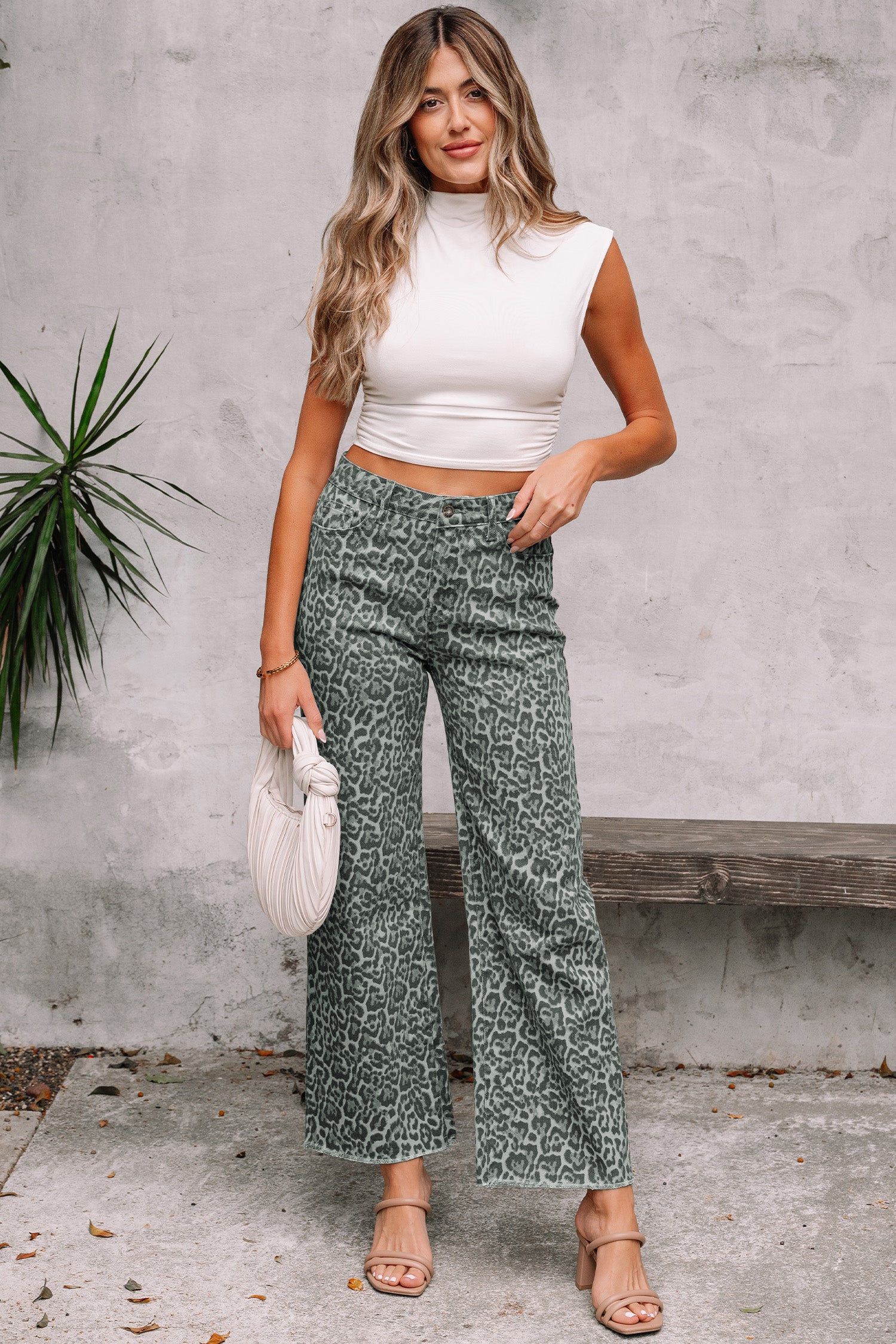 Gray Leopard Frayed Edge Wide Leg High Waist Jeans