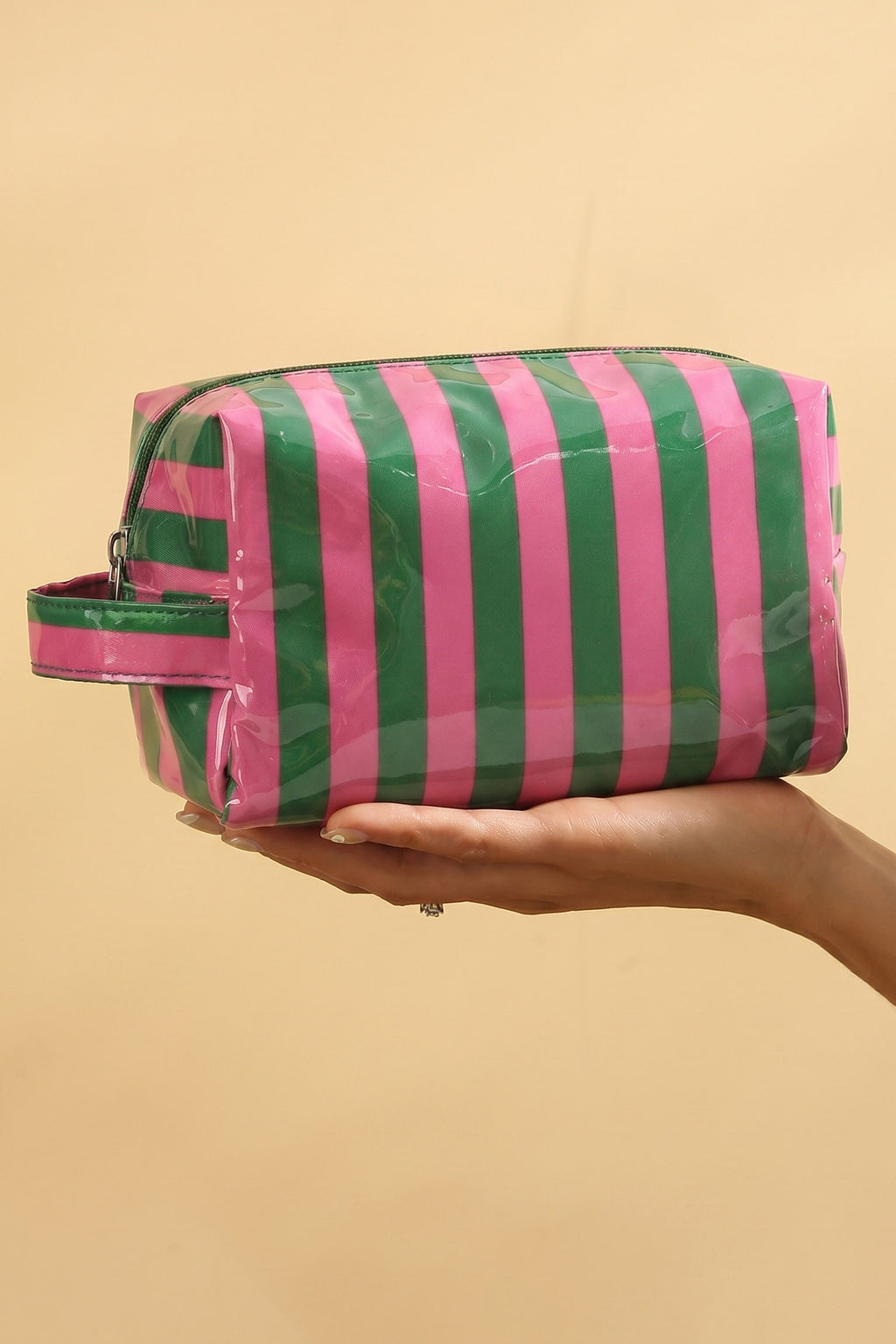 Fiery Red PVC Striped Cosmetic Bag Durable Zipper Handle Travel Organizer