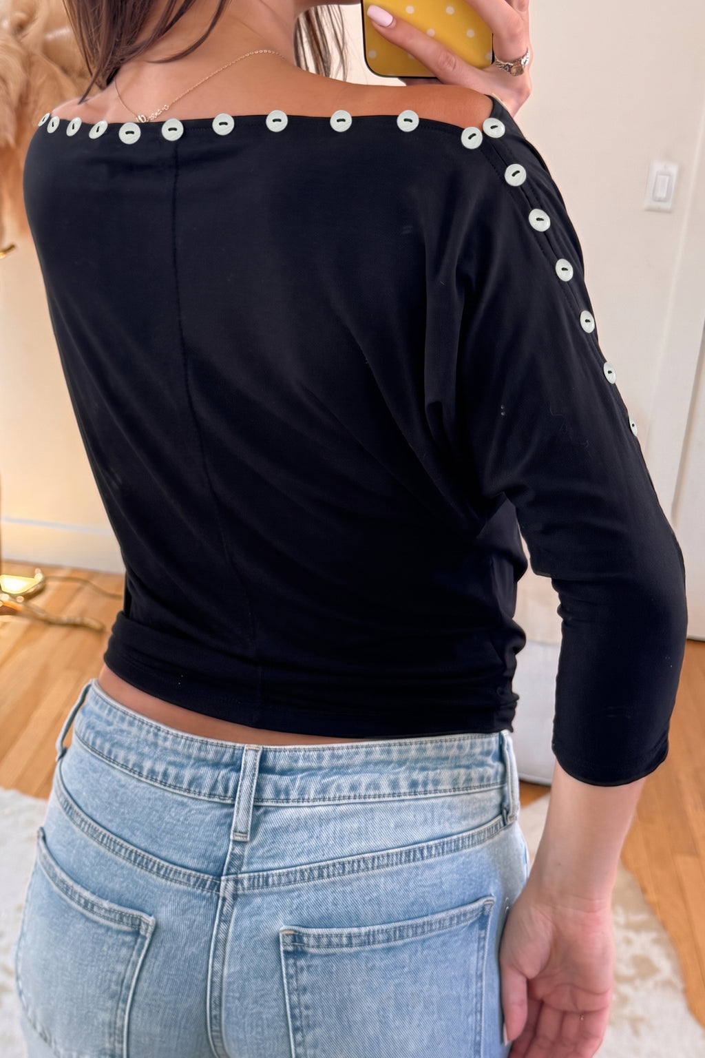 Black 3/4 Sleeve Button Detail Off Shoulder Top