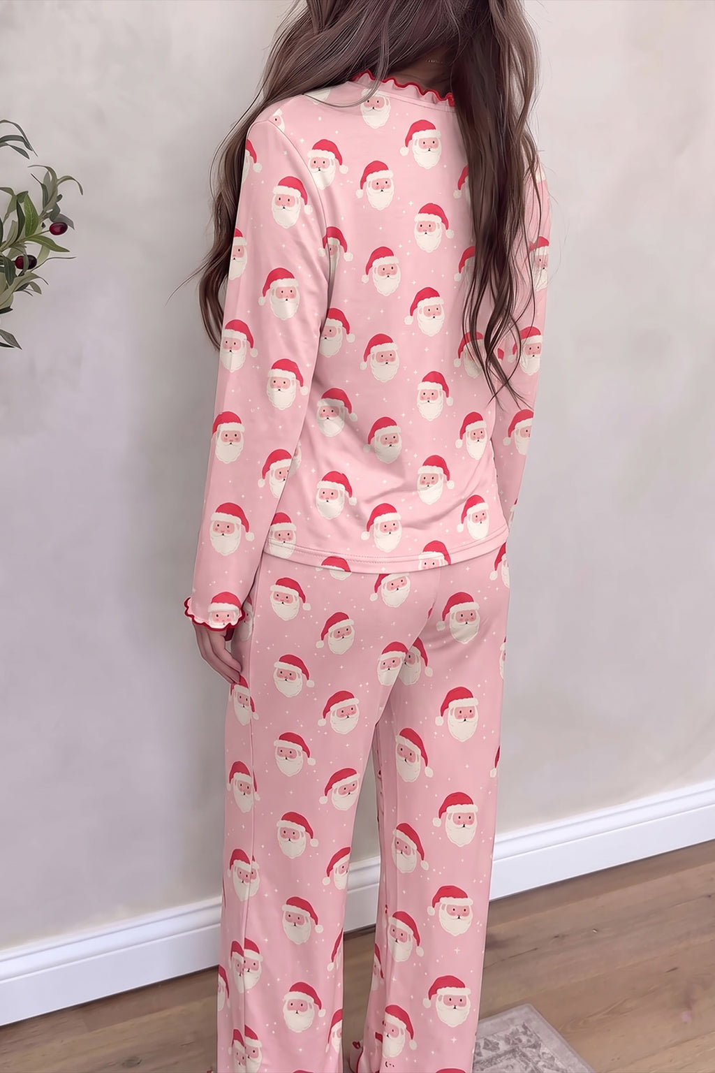 Pink Christmas Santa Print Frilled Button Front Long Sleeve Top Lounge Pant Set