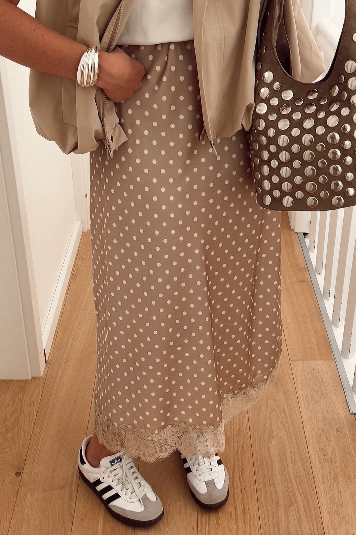 Brown Polka Dot Lace Hem Elegant Long Shift Skirt