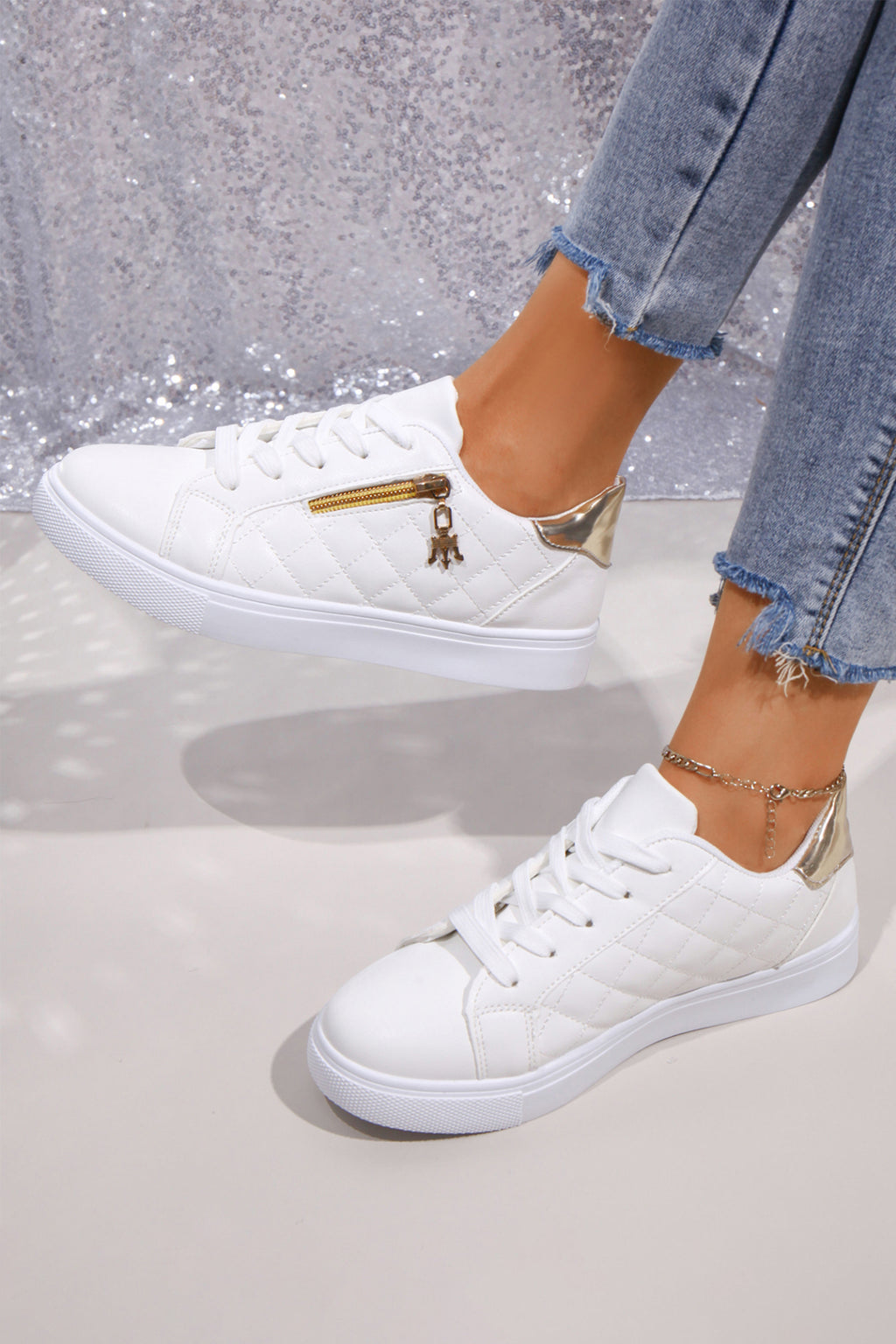 White Quilted PU Leather Zip Metallic Detail Lace-up Shoes