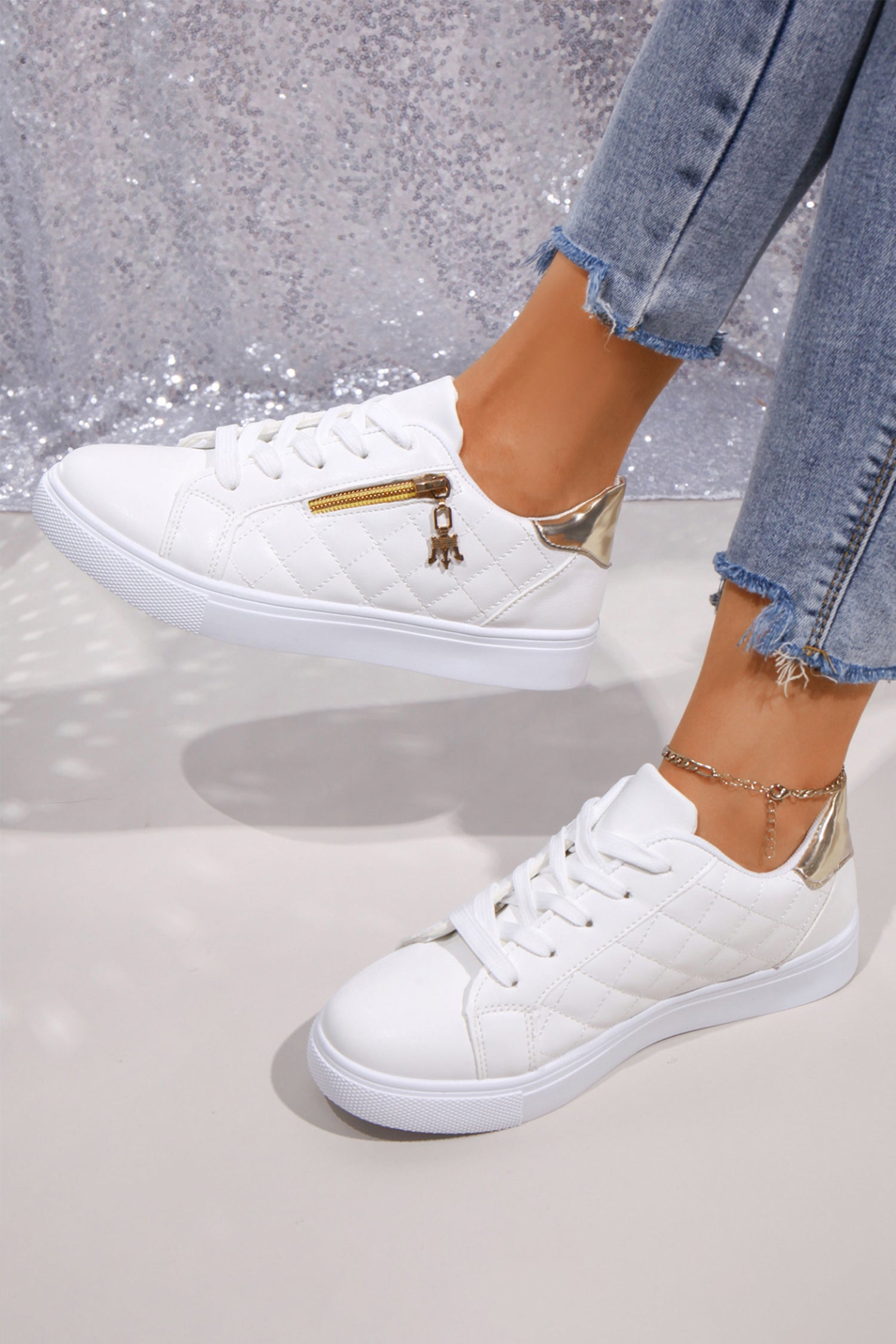 White Quilted PU Leather Zip Metallic Detail Lace-up Shoes