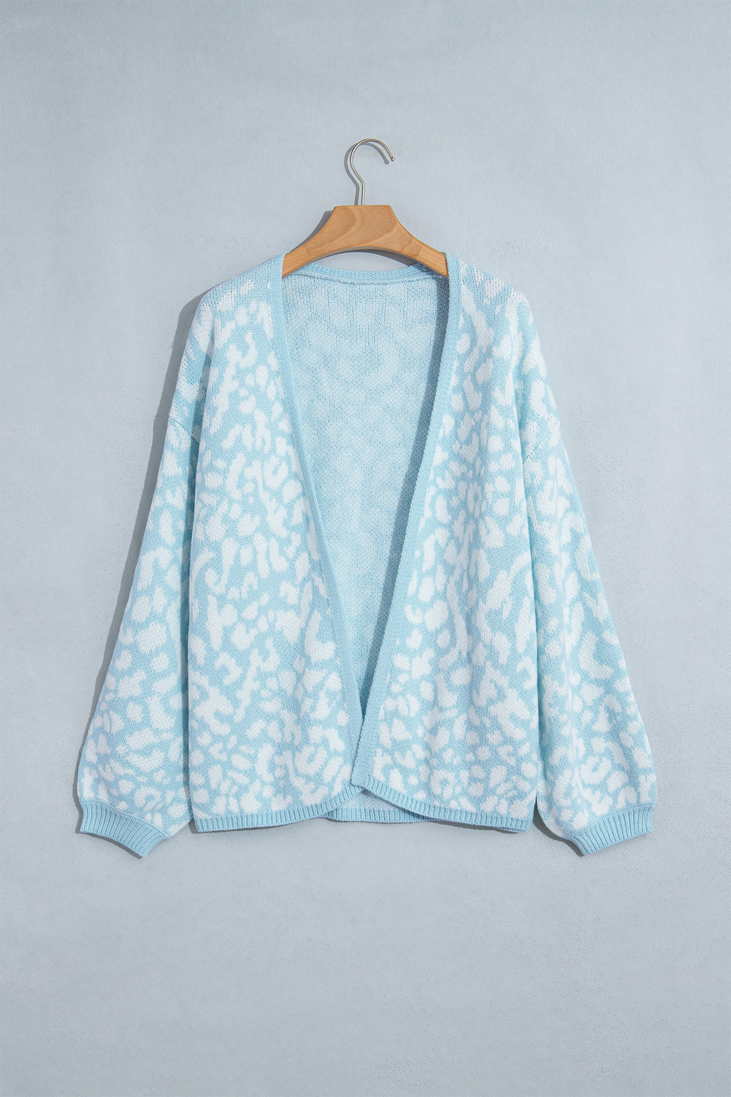 Light Blue Leopard Print V Neck Long Sleeve Loose Fit Knit Cardigan