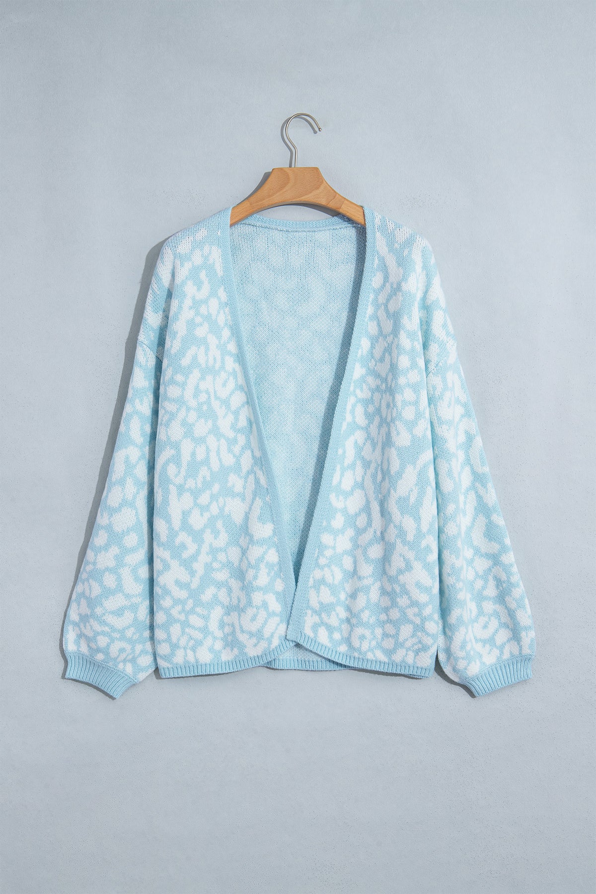 Light Blue Leopard Print V Neck Long Sleeve Loose Fit Knit Cardigan