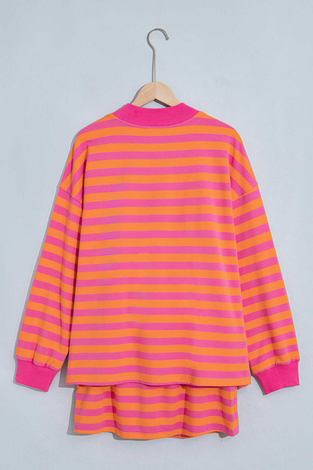 Orange Stripe Color Block Patchwork Mock Neck Pullover Drawstring Mini Skort Set
