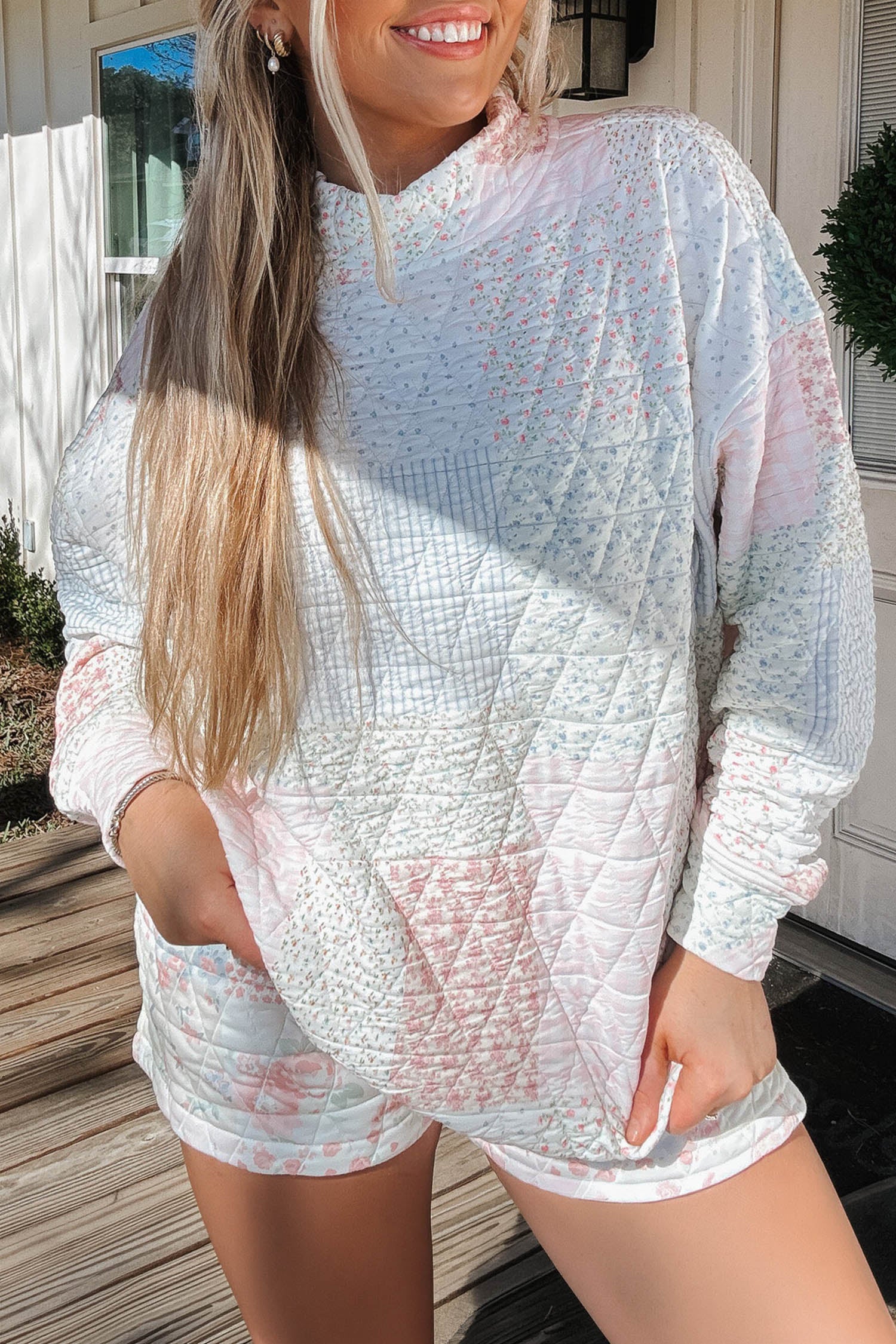 Multicolour Floral Quilted Mock Neck Top and Short Set
