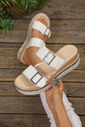 White Metallic Textured PU Leather Buckle Wedge Platform Slippers