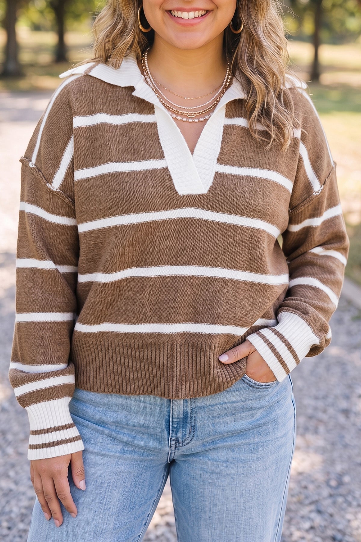 Brown Stripe Striped V Neck Long Sleeve Shift Plus Size Sweater