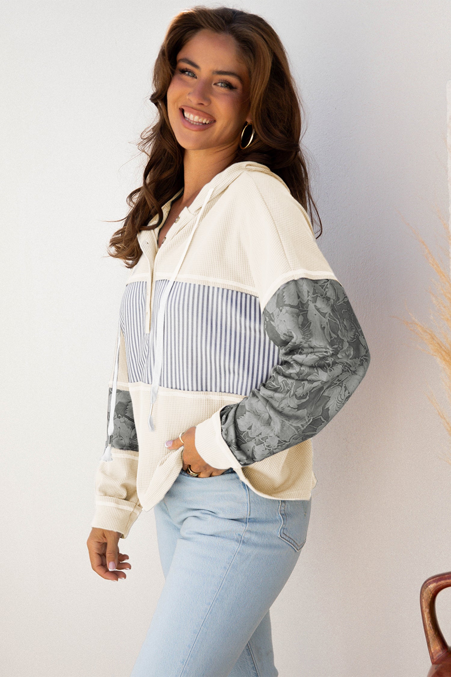 Cinnamon Waffle Printed Patchwork Drawstring Hooded Long Sleeve Top