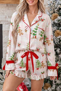 Pink Abstract Christmas Print Long Sleeve Two Piece Shift Lounge Set