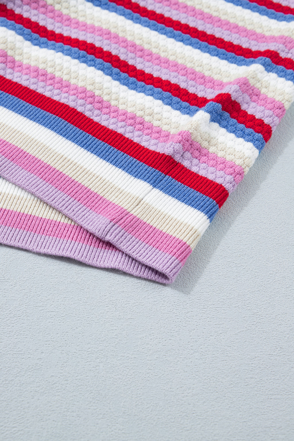 Multicolour Textured Stripes Knit Short Sleeve Sweater