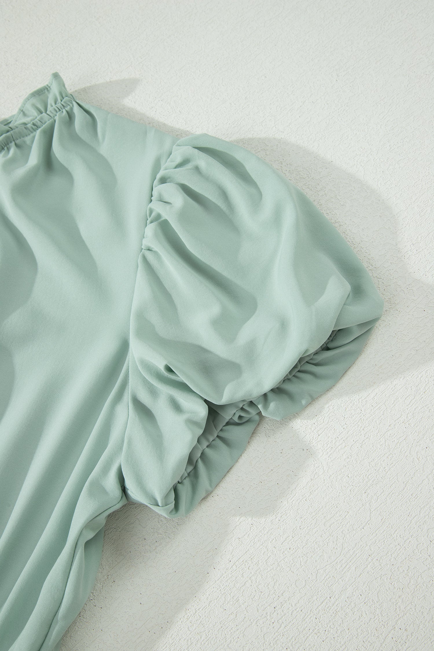 Clearly Aqua Solid Color V Neck Short Puff Sleeve High Waist Tiered Maxi Dress