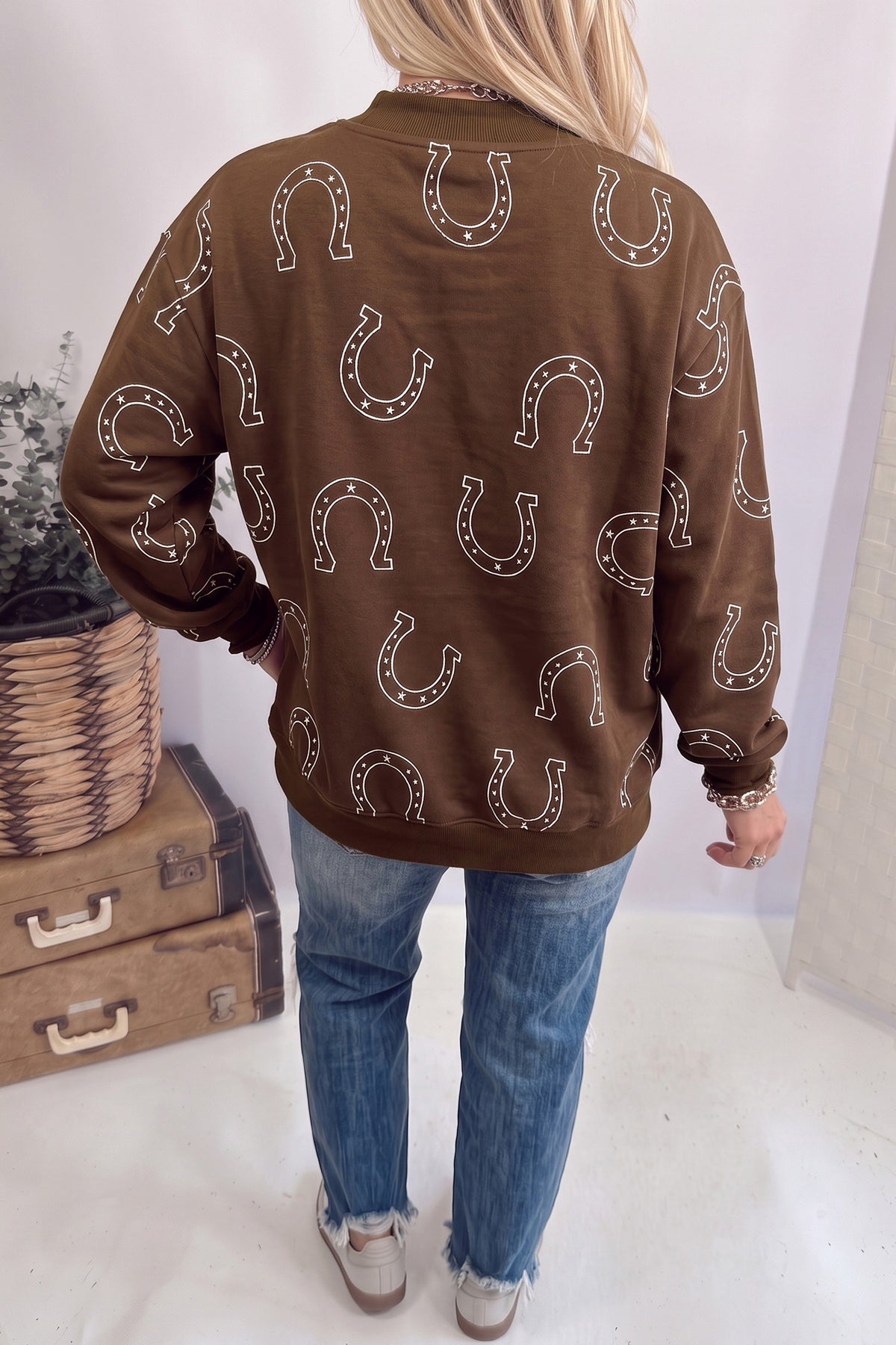 Blue Western Horseshoe Print Mock Neck Casual Pullover Sweatshirt