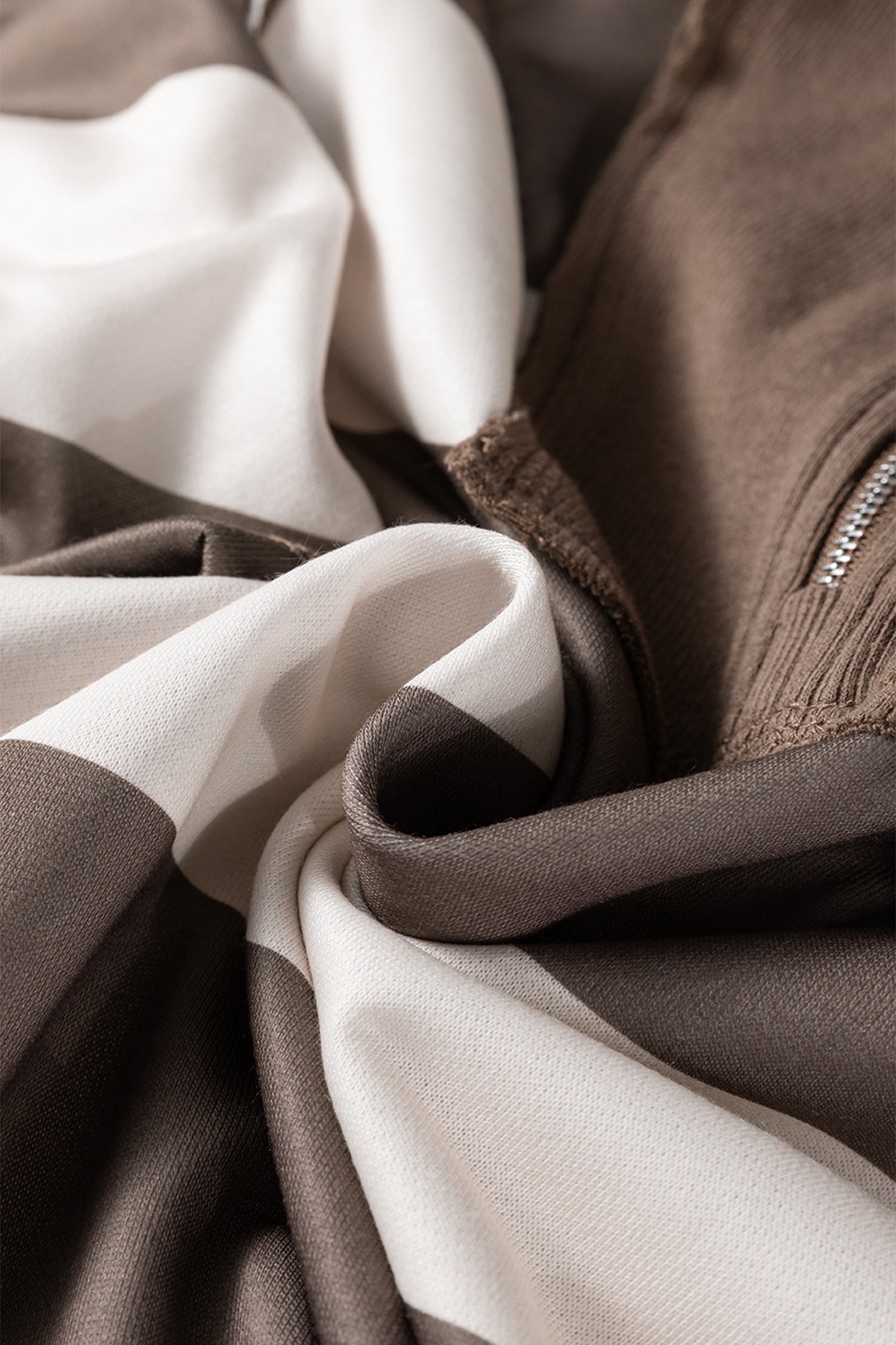 Brown Striped Color Block Zip Collar 3/4 Sleeve Oversize Sweatshirt