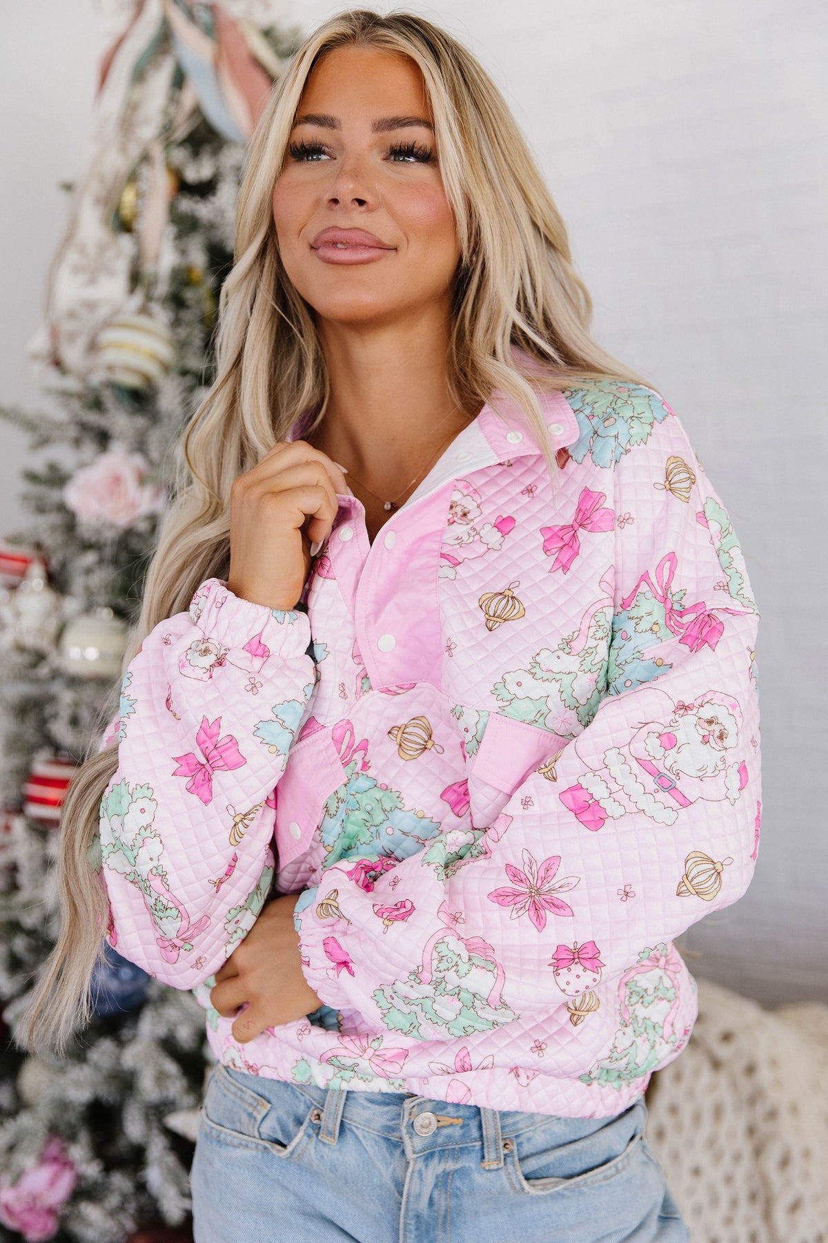 Pink Cute Christmas Print Collar Half Button Loose Sweatshirt