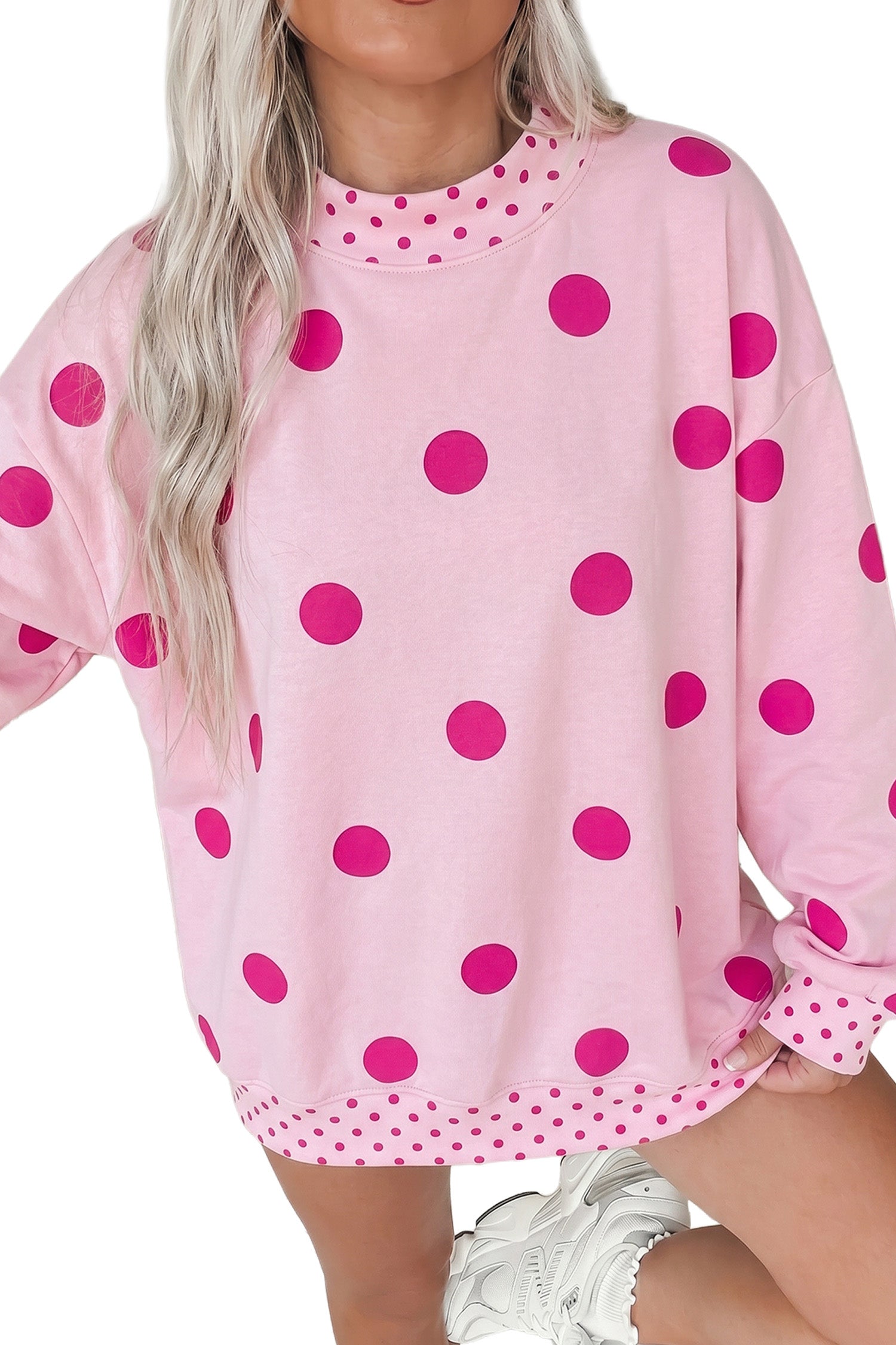 Pink Polka Dot Print Contrast Detail Oversized Tunic Sweatshirt