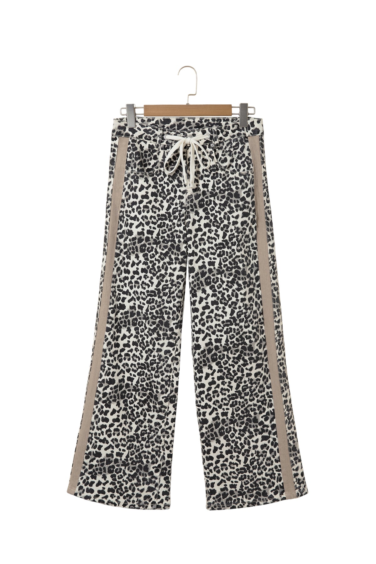 Khaki Leopard Print Drawstring Waist Straight Leg Jeans