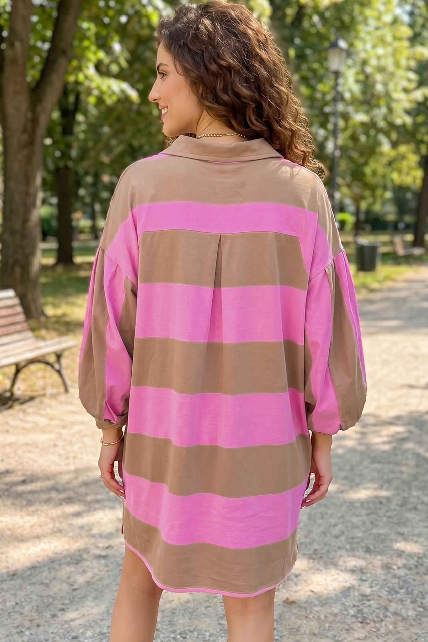 Rose Stripe Striped Button Long Sleeve Short Shift Dress