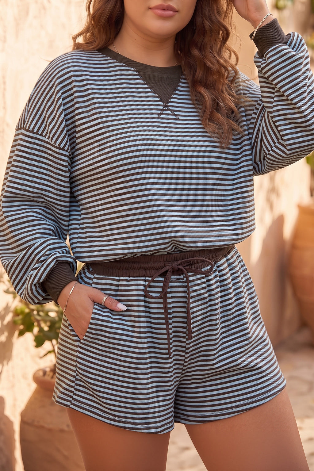 Brown Stripe Ribbed Colorblock Detail Long Sleeve Top and Shorts Plus Size Outfit
