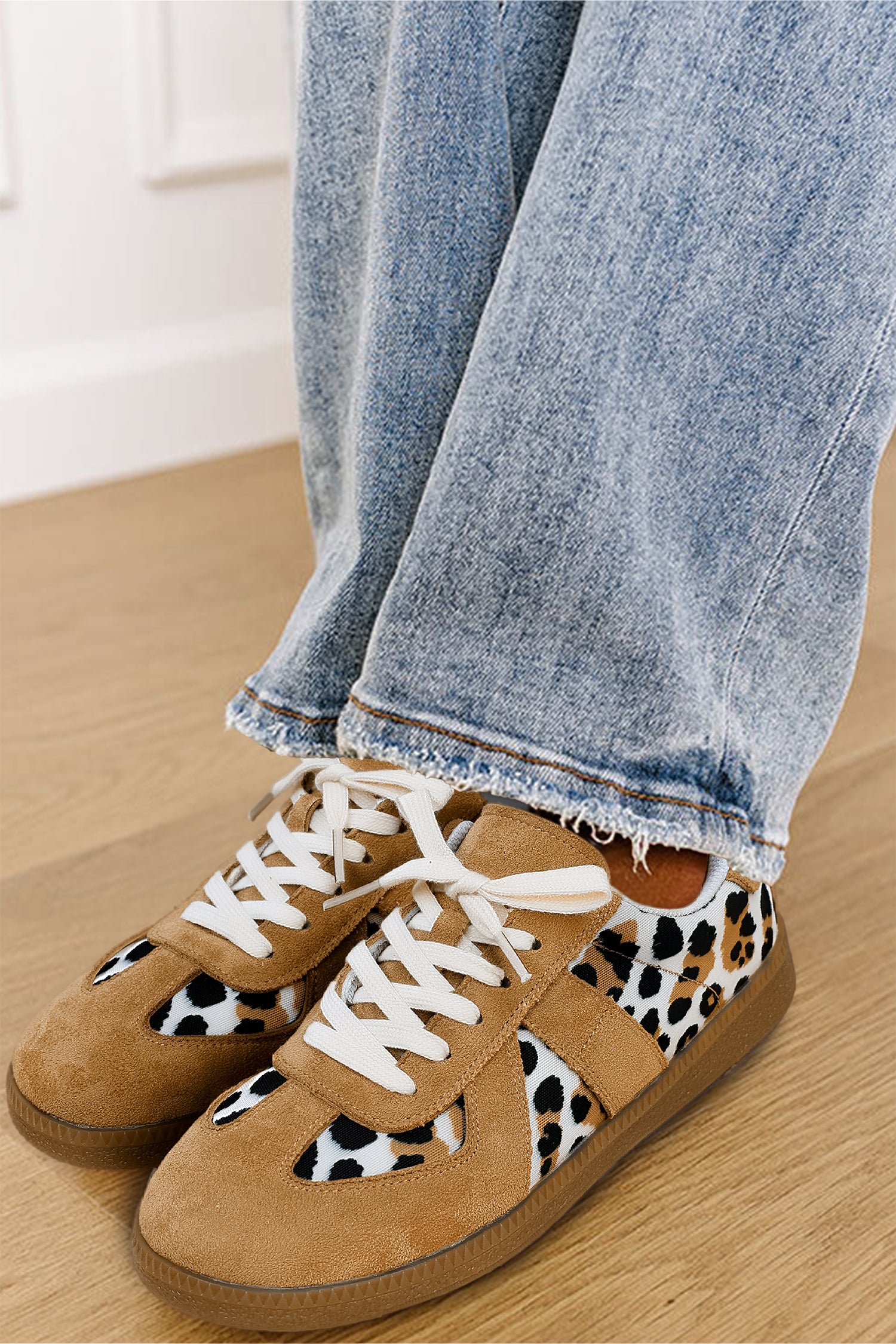 Light French Beige Color Block Leopard Print Patchwork Lace-up Flat Shoes
