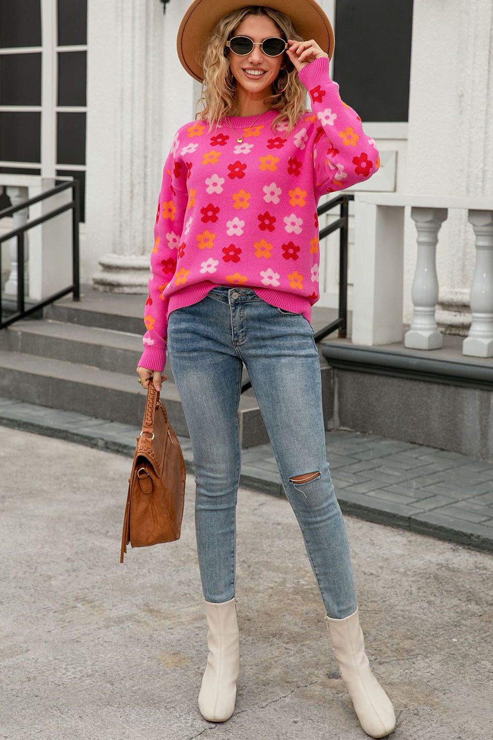 Rose Cute Flower Allover Ribbed Trimmed Drop Shoulder Pullover Sweater