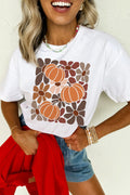 White Floral Pumpkin Print Thanksgiving Casual T-Shirt