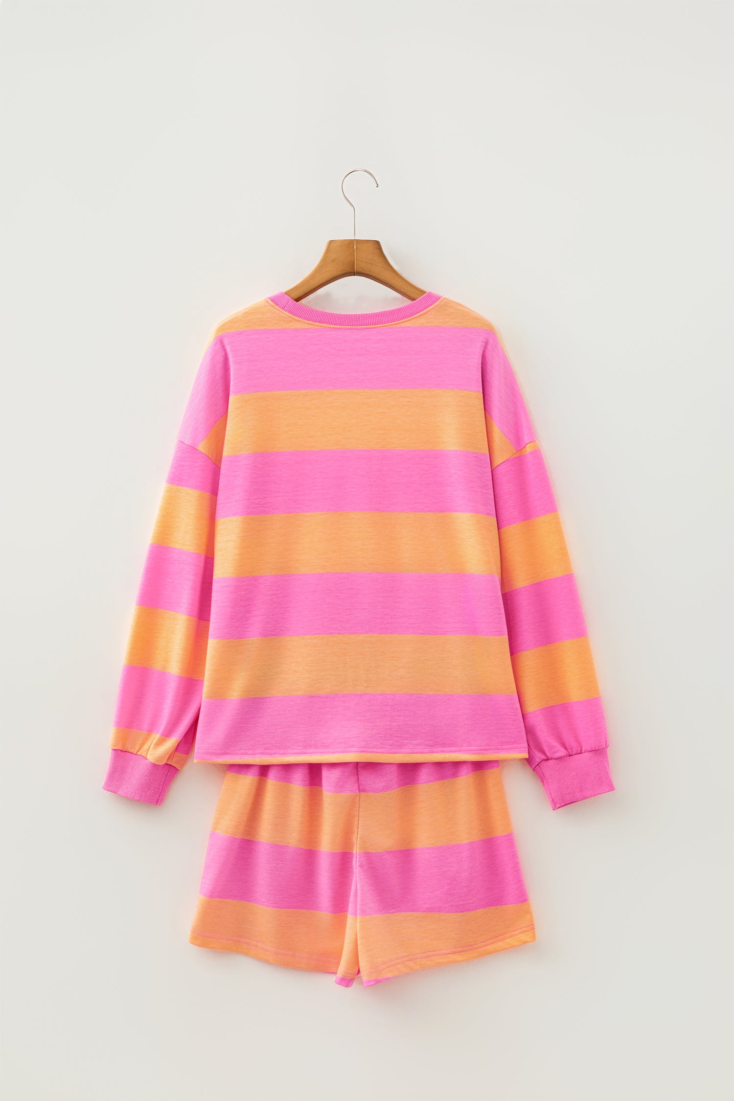 Pink Stripe Long Sleeve Casual Top Drawstring Shorts 2pcs Set
