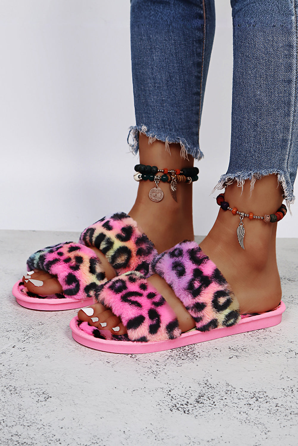 Rose Red Bold Plush Leopard Double Band Flat Slippers