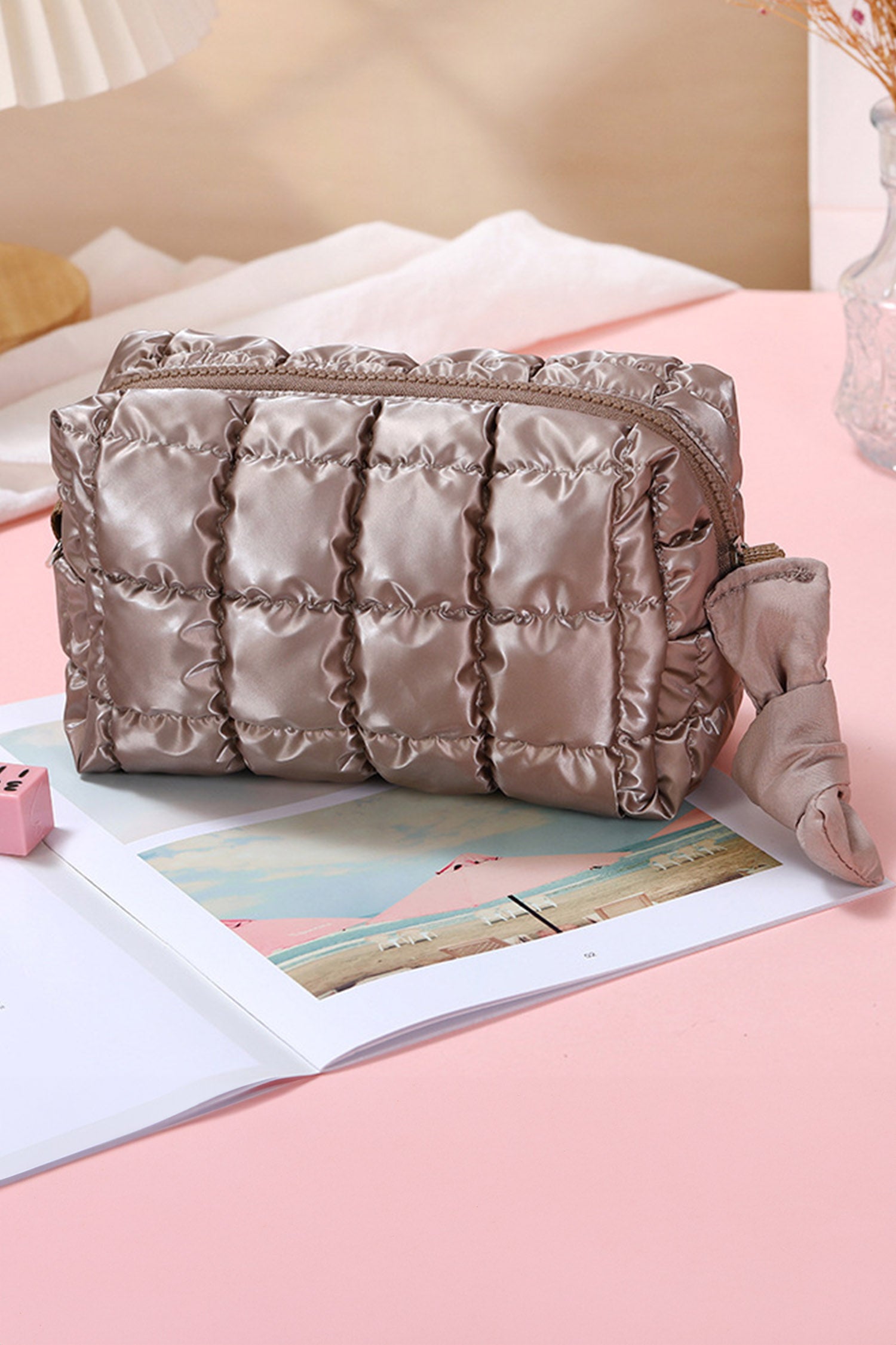 Coffee Solid Color Quilted Nylon Makeup Bag