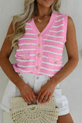 Pink Stripe V Neck Gold Buttons Elegant Sweater Vest