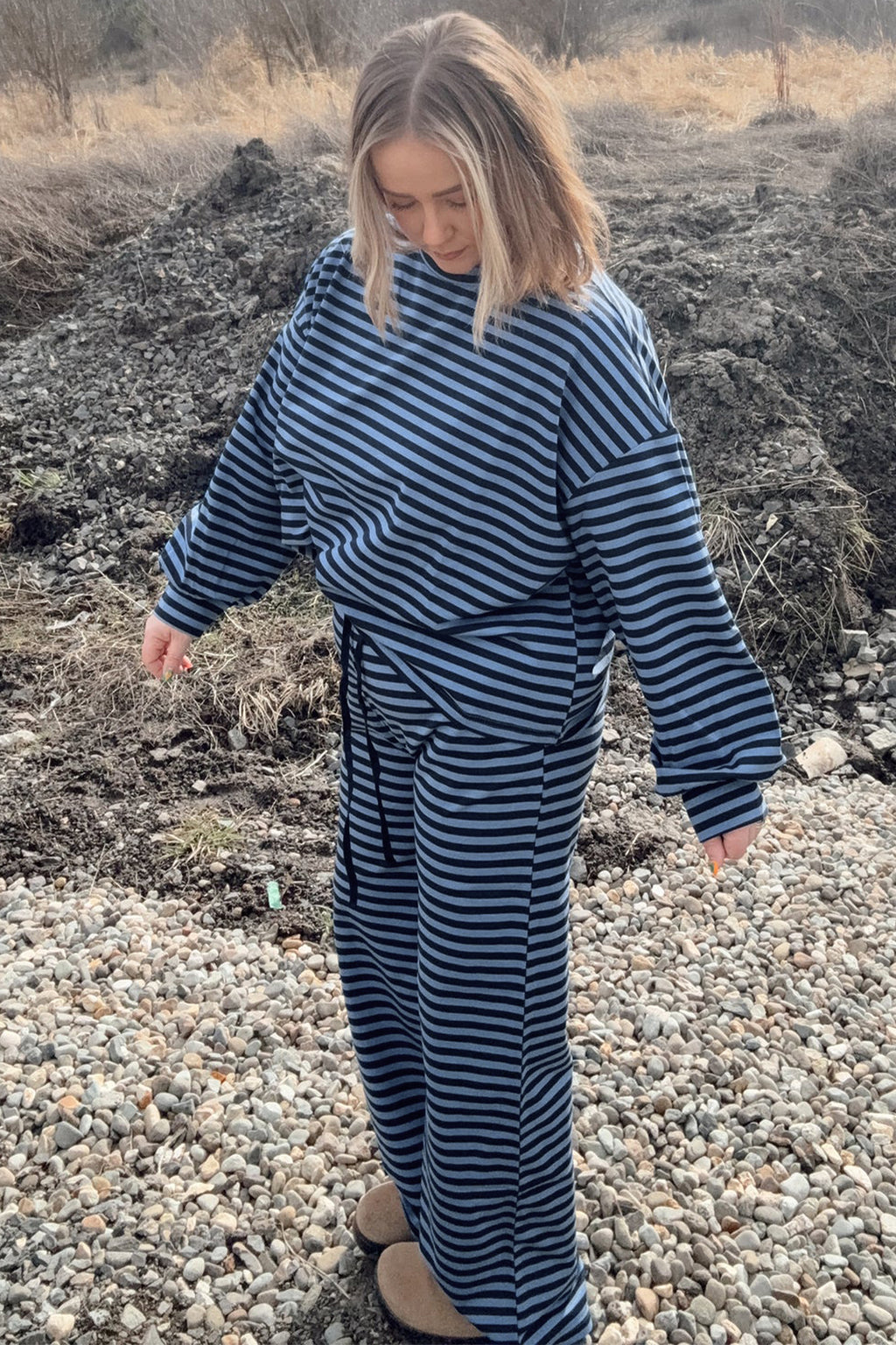 Blue Stripe Long Sleeve Drawstring Waist Plus Size Lounge Pants Set