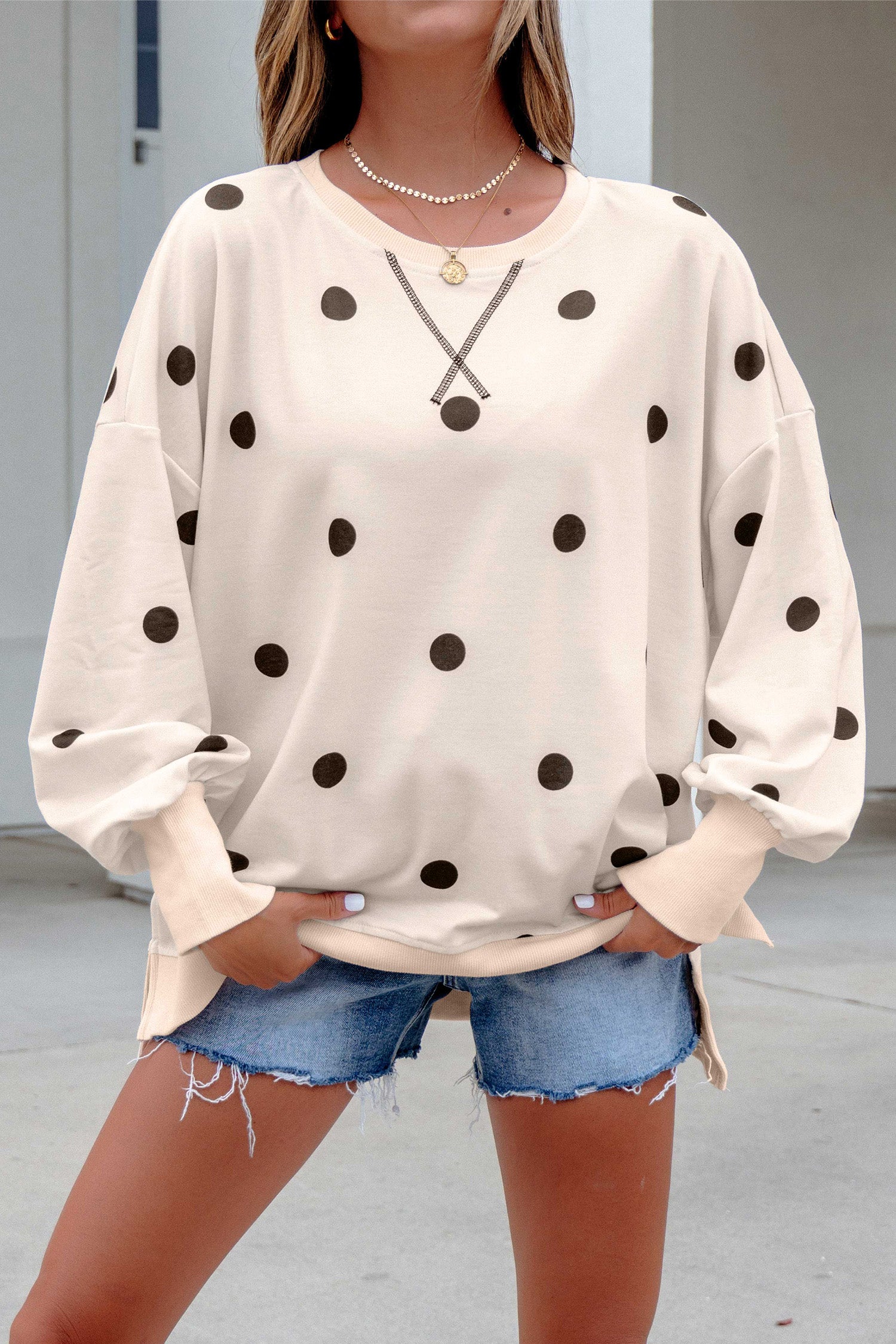 Beige Loose-fit Long Sleeve Round Neck Polka Dot Tunic Sweatshirt