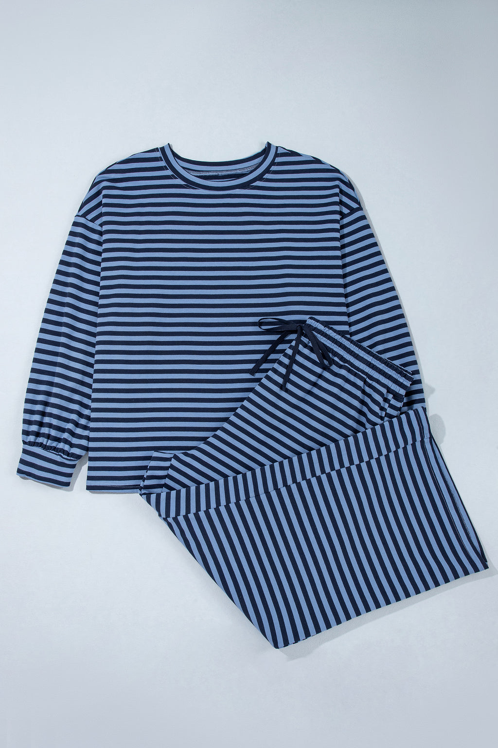 Blue Stripe Long Sleeve Drawstring Waist Plus Size Lounge Pants Set