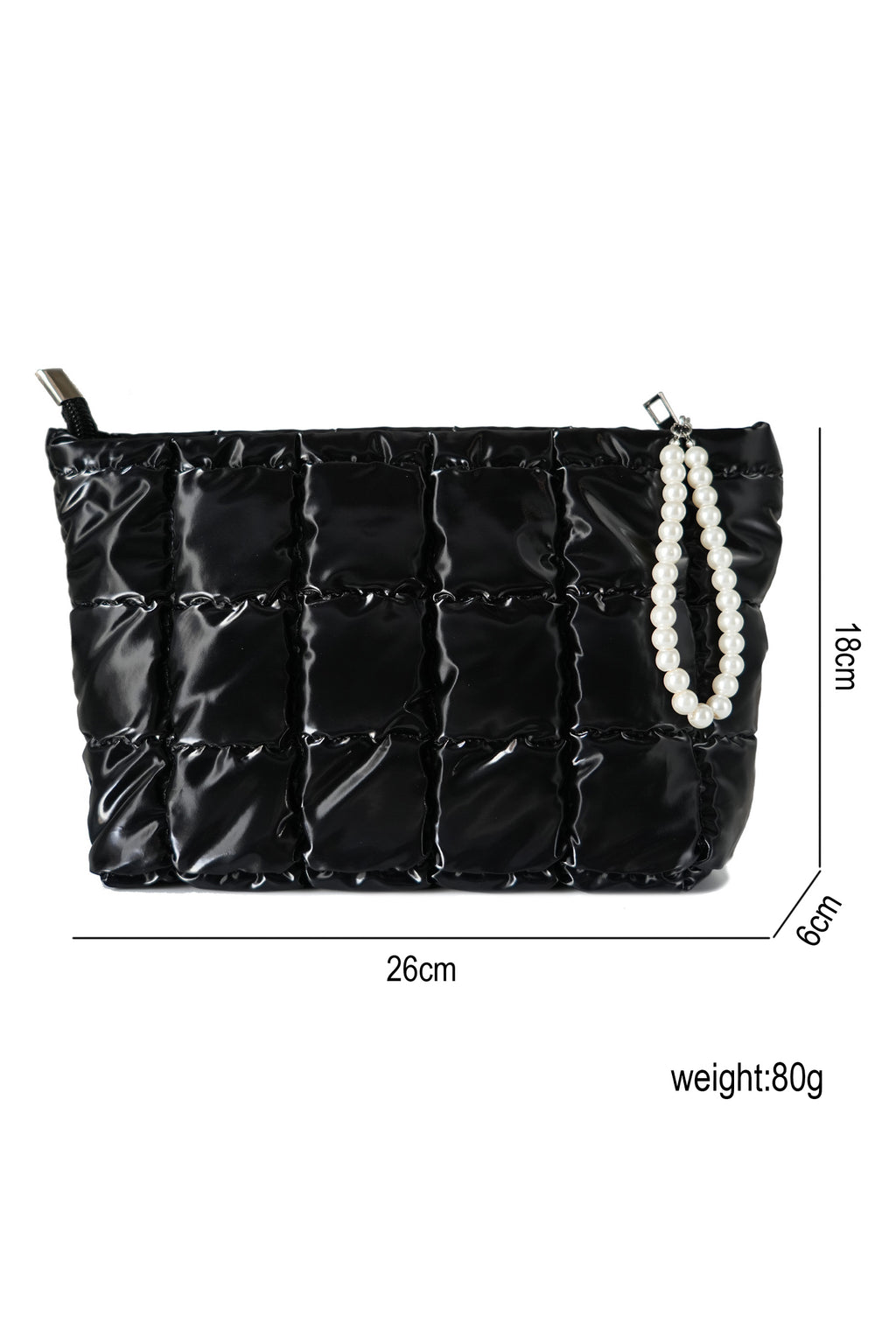 Color black PU Leather Quilted Texture Pearl Chain Zip Makeup Bag
