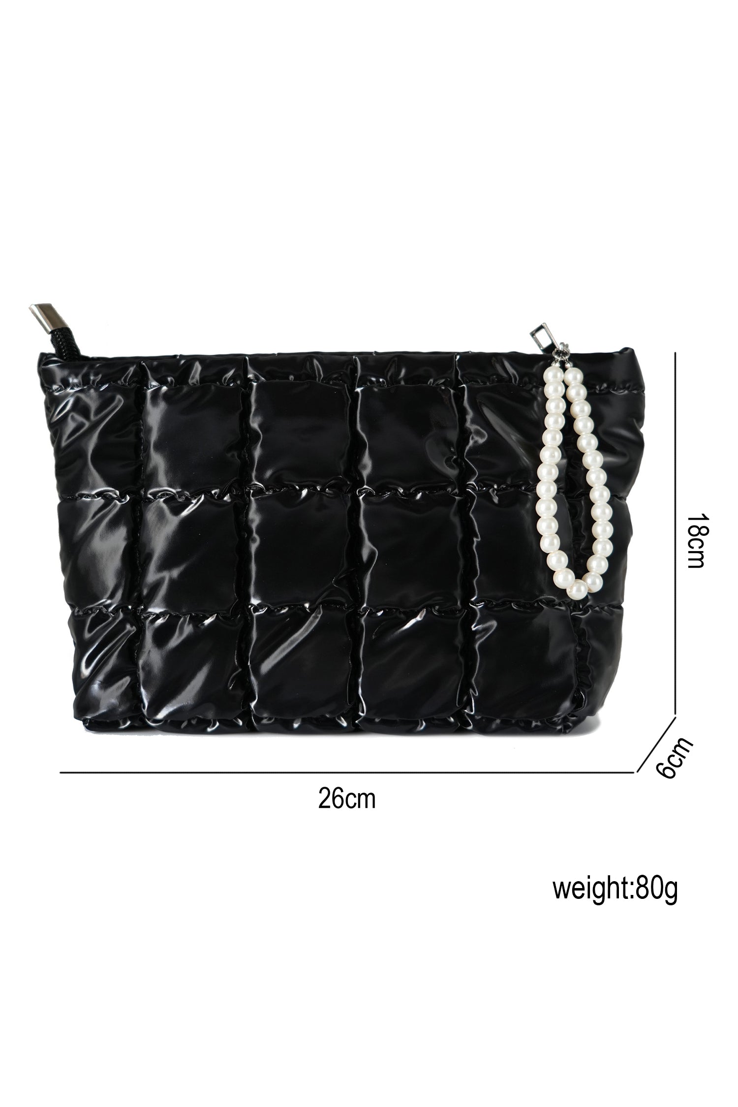 Color black PU Leather Quilted Texture Pearl Chain Zip Makeup Bag