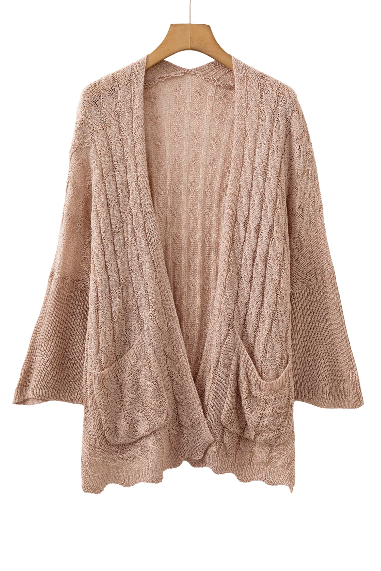 Old Rose Hollowed Pattern Knit Drop Shoulder Open Sweater Cardigan