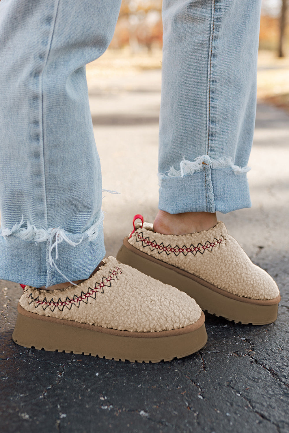 Oatmeal Soft Plush Embroidered Detail Flat Platform Slippers