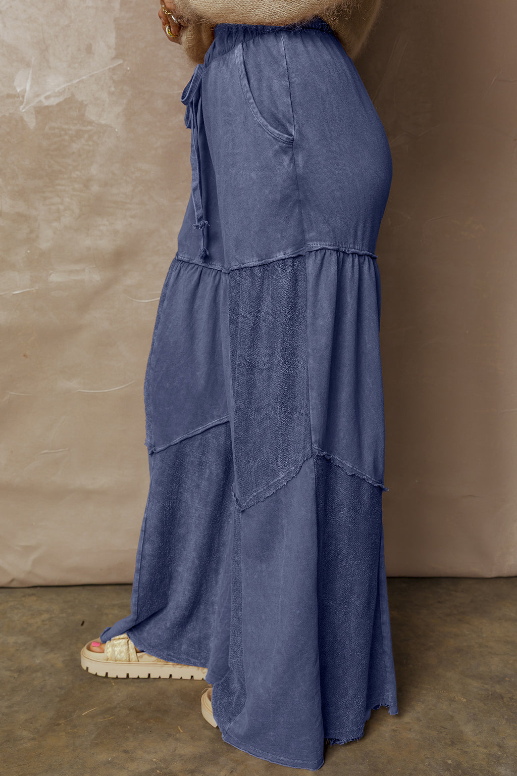 Ashleigh Blue Careys Mineral Wash Tiered Wide Leg Patchwork Drawstring Pants