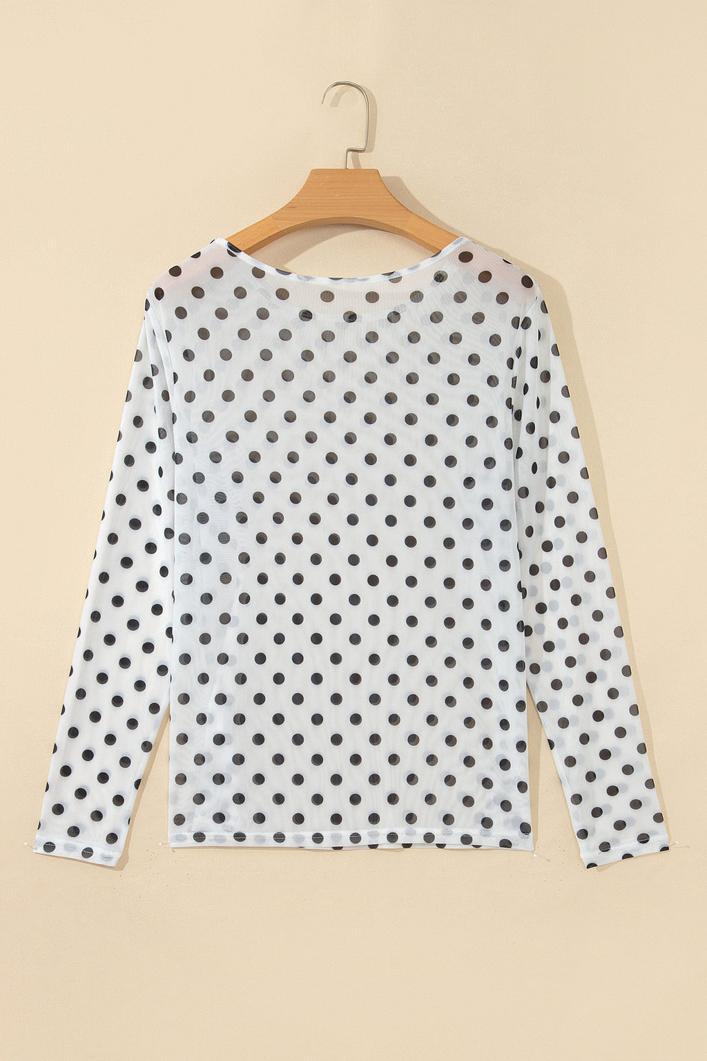 Black Polka Dot Sheer Mesh Long Sleeve Round Neck Shift Blouse