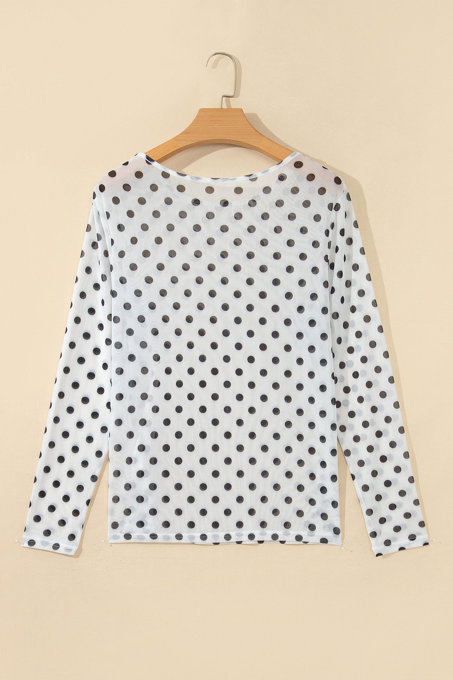 Black Polka Dot Sheer Mesh Long Sleeve Round Neck Shift Blouse