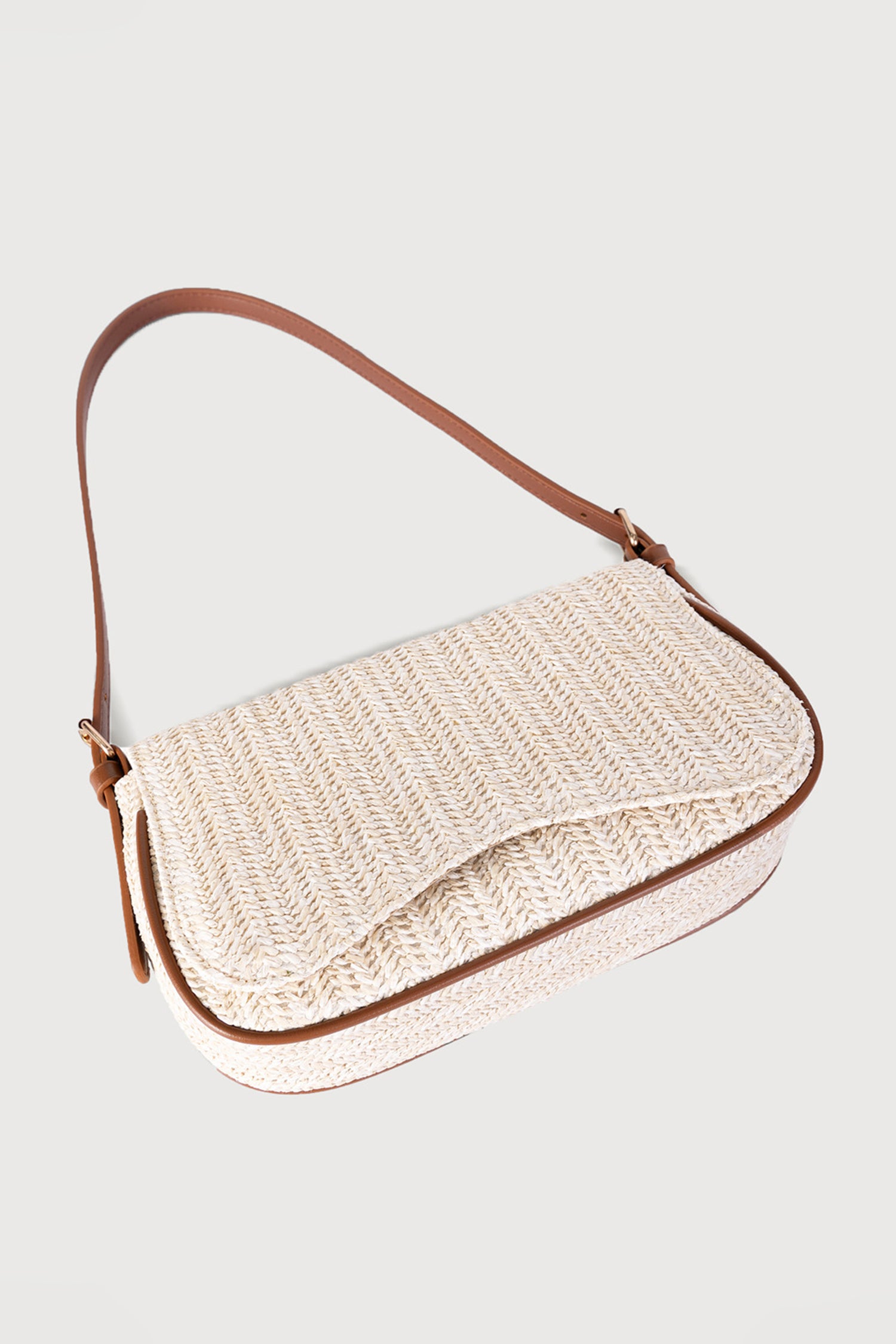 White Raffia Woven PU Leather Trim Shoulder Bag