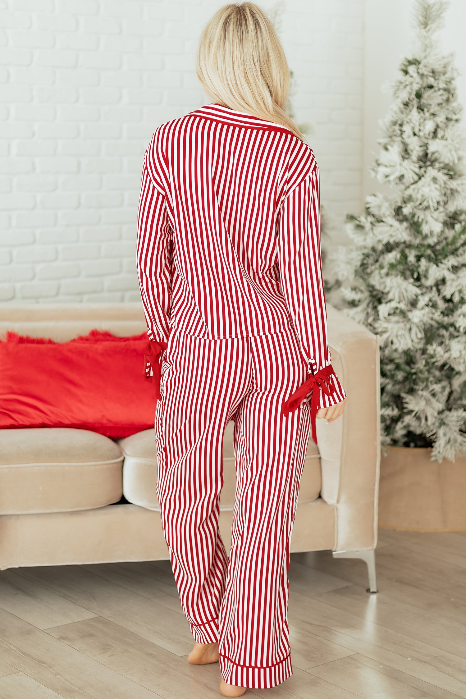 Red Stripe Contrast Velvet Trim Bow Knot Waist 2pcs Pajama Set