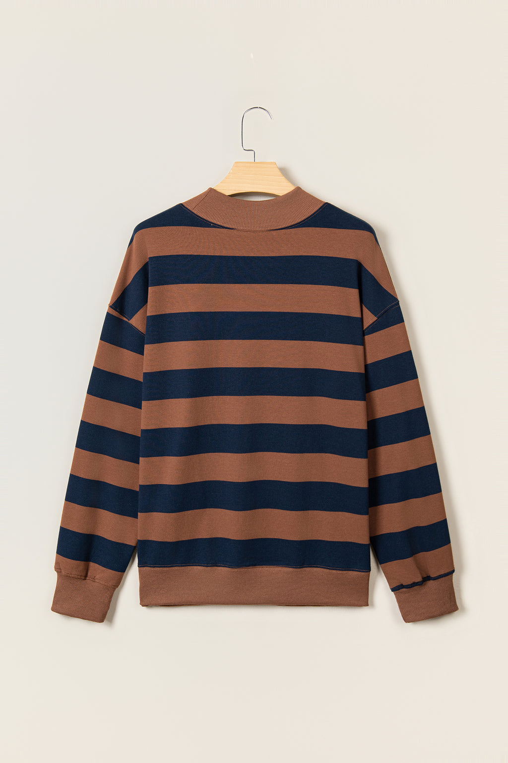 Brown Stripe Colorblock Mock Neck Relaxed Sweatshirt