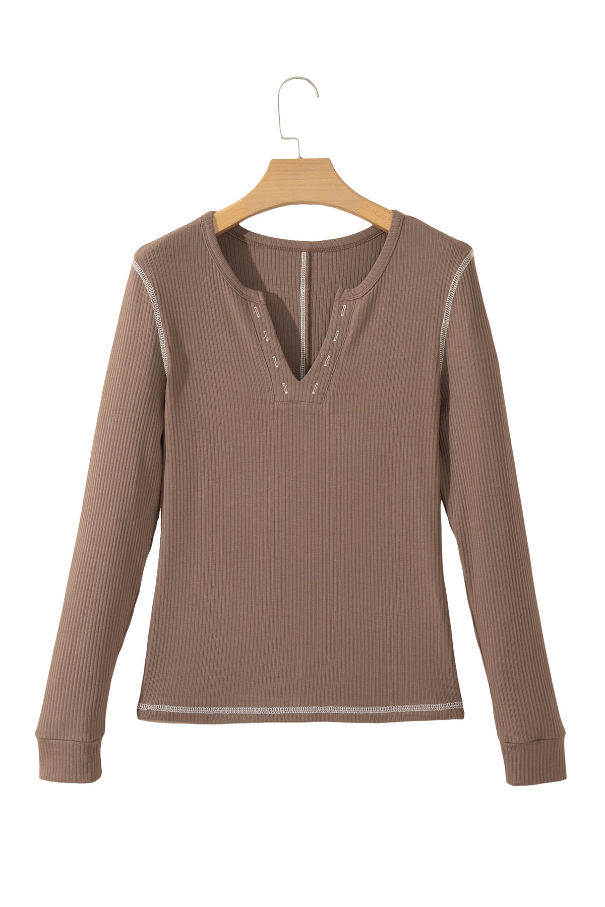 Dark Khaki V Neck Ribbed Stitched Detail Long Sleeve Top