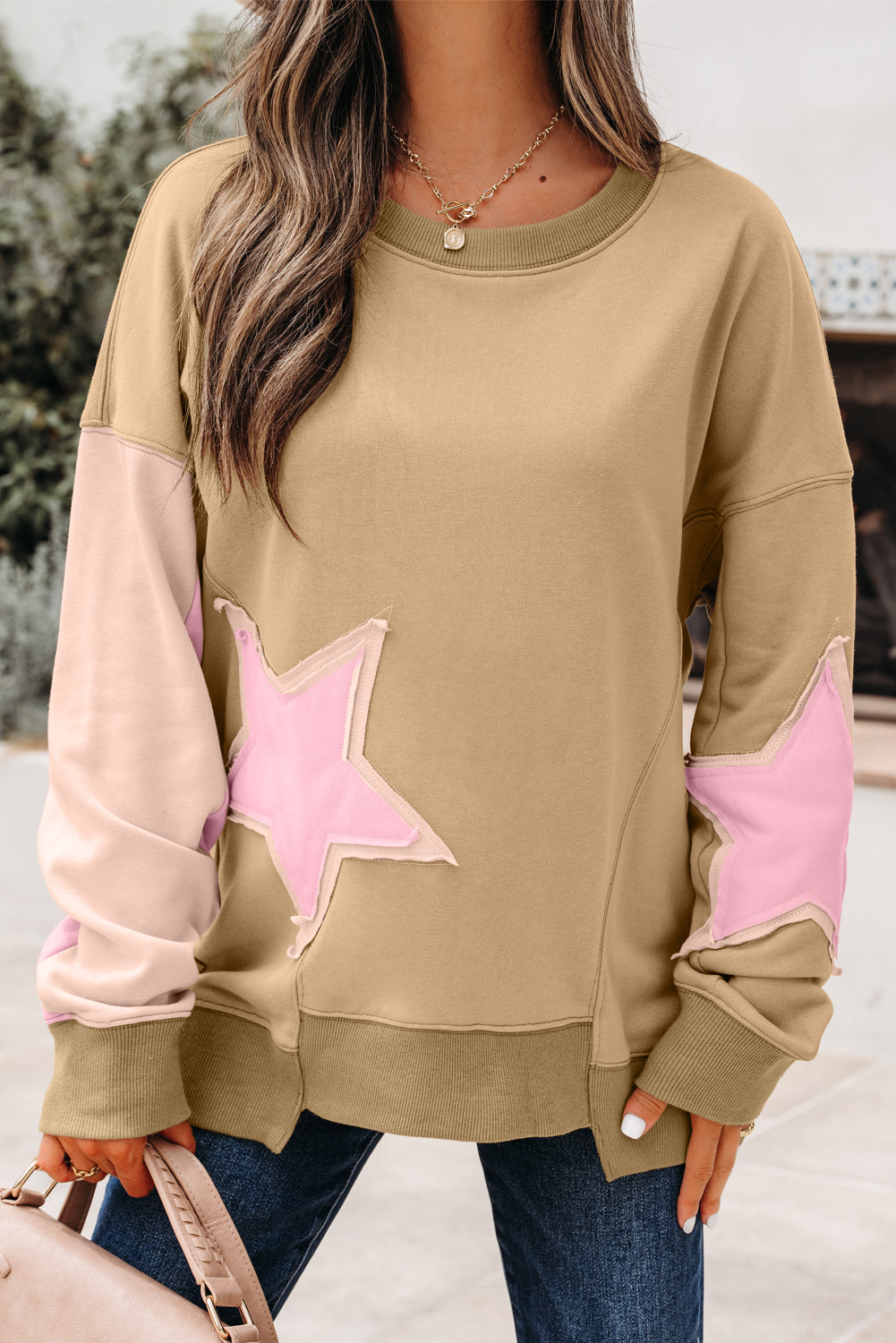 Sage Green Contrast Star Patchwork Exposed Seam Uneven Hem Drop Shoulder Sweatshirt