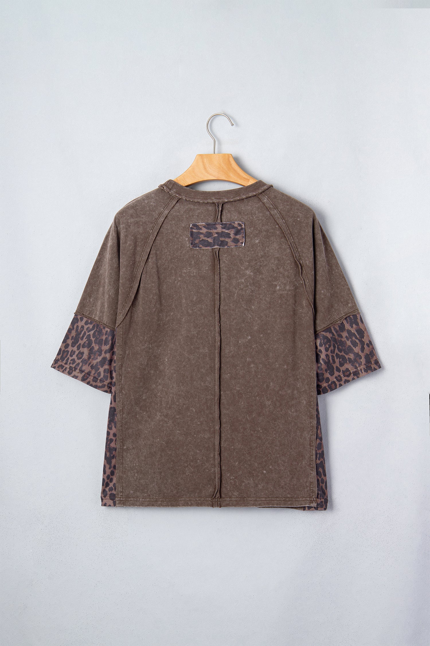 Coffee Mineral Wash Exposed Seam Leopard Star Patched T Shirt